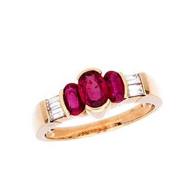 Three Stone Ruby and Baguette Diamond Ring - Jewelry Store in St. Thomas | Beverly's Jewelry